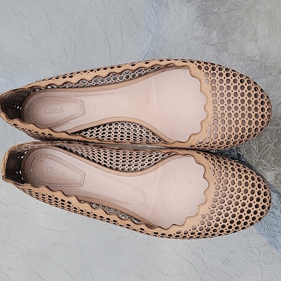 Chloé Lauren Perforated Tan Lasercut Braided Leather Ballet Flats Made Italy 6.5 - Picture 3 of 17